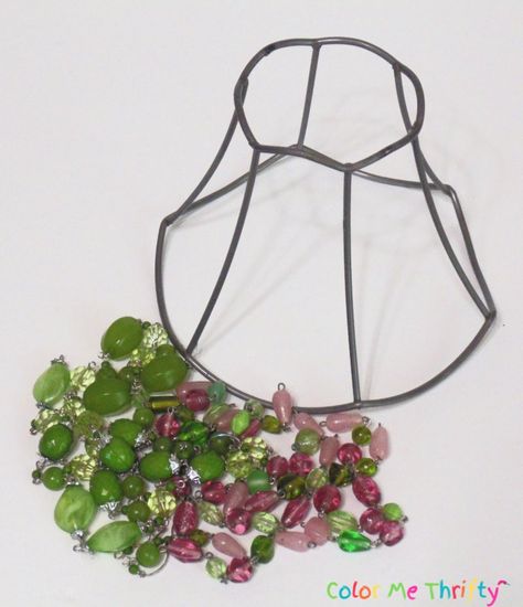 Thrift store lampshade gets repurposed to a cute tree wind chime with this easy diy tutorial. How To Make A Wind Chime Diy, Flower Pot Wind Chime, Crystal Wind Chimes Diy, Beaded Suncatchers Diy, Christmas Wind Chimes Diy, Diy Wind Chimes With Beads, Chandelier Wind Chimes, Beaded Windchimes Diy, Crafts With Beads Projects