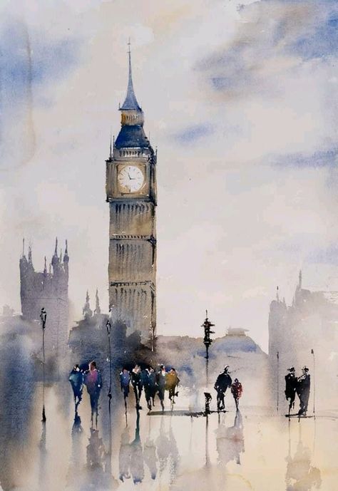 Big Ben Painting, Big Ben Watercolor, Big Ben Art, Architecture Drawing Sketchbooks, Watercolor City, Watercolor Architecture, Architecture Drawing Art, City Painting, Cityscape Art