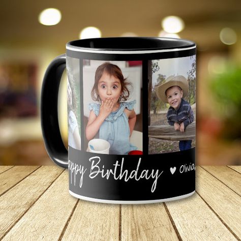 Personalized Happy Birthday 5 Photo Collage Black Mug Collage Black, Birthday 5, Photo On Mug, Grandpa Birthday Gifts, Custom Photo Mugs, Picture Mugs, Ramadan Activities, Birthday Gifts For Grandma, Birthday Coffee