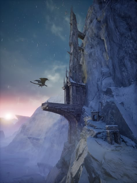 Mountain Fortress Concept Art, Mountain Fortress Fantasy Art, Iron Kingdoms Art, Medieval Fortress Concept Art, Fantasy Fortress Concept Art, Snow Fortress, Winter Fortress, Ice Fortress, North Aesthetic