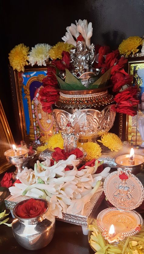 Vaibhav Laxmi Pooja Decoration, Laxmi Pooja Decoration, Nail References, Ganapati Decorations, Silver Idols, Laxmi Pooja, Bommala Koluvu, Puja Decor, Lakshmi Pooja