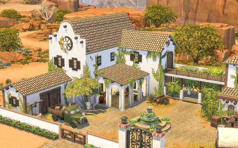 Mexican Traditional House, Sims Spanish Villa, Traditional Mexican House Hacienda Style, Sims 4 Hacienda, Hacienda Sims 4, Sims 4 Mexican House, Sims 4 Spanish Style House, Sims 4 Mexican, Mexican Architecture Traditional