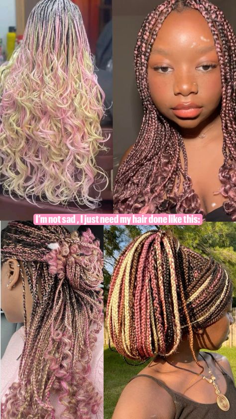 #neapolitan #blackgirlaesthetic #pink Colored Protective Hairstyles, Nepolian Braids, Cute Braids Colors, Cute Hairstyles Color, Neopolitan Box Braids, Hair Color Combos Black Women Braids, Neopolitan Braids With Curls, Neapolitan Hair Braids, Pink And Green Box Braids