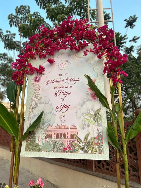 Bougainvillea Mandap, Wedding Sunboard Design, Indian Engagement Backdrop, Wedding Decorations Indian Stage, Indian Wedding Background, Mandap Decor Indian, Indian Outdoor Wedding Decor, Bougainvillea Wedding, Leaf Decor Wedding