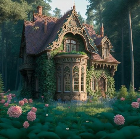 Cottage Fantasy House, Fantasy Cottage Exterior, Magical House Exterior, Fantasy House Exterior, Cottage Fantasy Art, Cottage In The Woods Fairytale, Fairytale Cottage Aesthetic, Fantasy Cottage Art, Mythical House