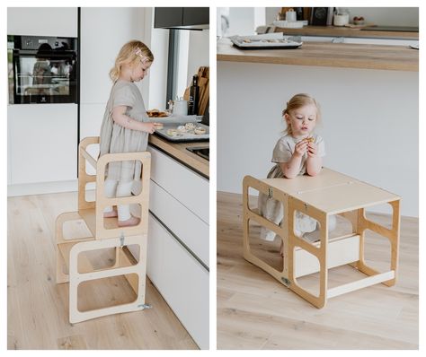 A 2-in-1 Kitchen helper tower, weaning table, and chair or stepping stool is the perfect kitchen stool for a child from 1,3 years to 6 years. The little helper tower is designed according to Montessori furniture principles of independence building. Activity tower will allow your child to learn practical life skills while giving you free hands to cook. Montessori tower or kids step stool is an adjustable kitchen chair or Montessori tower for toddlers. You can use it as a Montessori kitchen tower Toddler Kitchen Stool, Kitchen Helper Tower, Kitchen Tower, Helper Tower, Toddler Step Stool, Toddler Kitchen, Kitchen Step Stool, Toddler Climbing, Indoor Slides