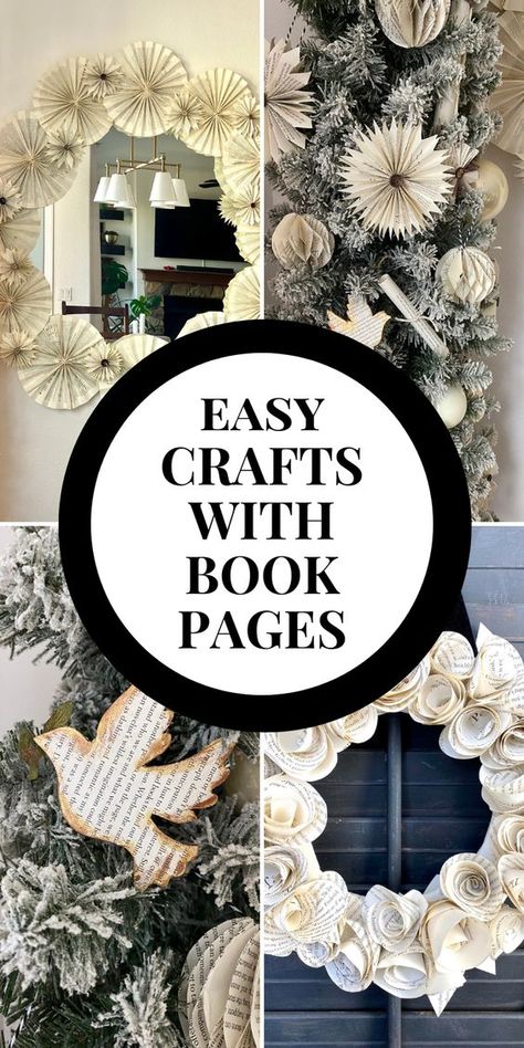 Learn how to make simple crafts using the paper from old books, magazines, maps, and more. DIY ornaments, wreaths, and home decorations using paper. Flowers From Old Book Pages, Hymnal Page Wreaths, Old Bible Pages Crafts, Book Page Halloween Decor, Diy Crafts With Book Pages, Book Page Ornaments Christmas Decorations, Old Book Paper Crafts, Old Paper Crafts, Magazine Diy Crafts