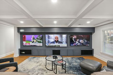 Client wanted space to watch Sunday football and entertain friends. Farmhouse Gameroom, Basement Tv Wall, Cinema Room Design, Lounge Pool, Theater Room Design, Home Wet Bar, Hangout Room, Basement Furniture, Man Cave Room