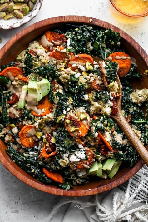 Kale And Sweet Potato Salad, Feta And Avocado, Chickpea Meatballs, Dishing Out Health, Salad With Quinoa, Sweet Potato Salad, Pesto Salmon, Vegan Salads, Work Lunches