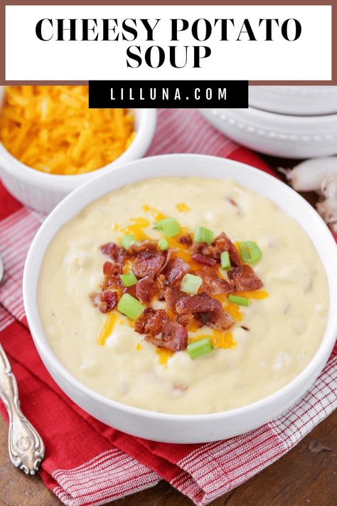 Creamy cheesy potato soup is the easiest soup you'll ever make. You only need a handful of ingredients and a crockpot!! #cheesypotatosoup #potatosoup #cheesysoup #potato #soup Soup With Cream Of Chicken, Crock Pot Baked Potato Soup, Crockpot Baked Potato Soup, Crockpot Baked Potato, Cheesy Potato Soup Easy, Cheesy Potato Soup Recipe, Healthy Delicious Soups, Creamy Cheesy Potatoes, Crock Pot Baked Potatoes