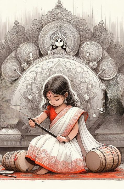 Drawing On Indian Festivals, Maa Durga Digital Art, Durga Puja Aesthetic Drawing, Durga Puja Drawing Ideas, Durga Puja Art, Durga Puja Illustration, Durga Illustration, Festival Display, Indian Map