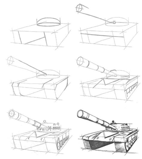 Cars Drawing Tutorial, Cartoon Tank Drawing, Tank Sketch, Tank Drawing, Geometric Shapes Drawing, Military Tank Drawing, Perspective Drawing Architecture, Perspective Drawing Lessons, Military Drawings