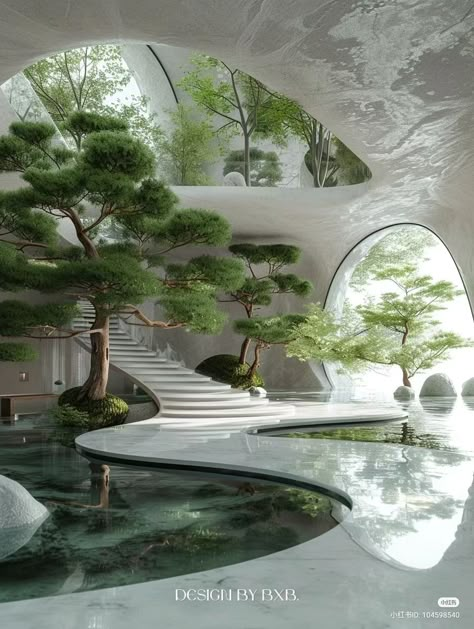 Utopia Interior Design, House Design Futuristic, Futuristic Garden Design, Space Hotel Concept, Cool House Stuff, Arch Way Decor Interior, Cool Architecture House, Utopian House, Tranquil Architecture