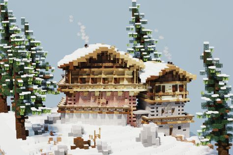 Alpine chalet Minecraft Project Minecraft Scandinavian House, Minecraft Ski Lodge, Minecraft Ski Resort, Minecraft Winter Cabin Tutorial, Minecraft Snowy Mountain House, Winter Cabin Minecraft, Minecraft Winter House, Indoor Reference, Minecraft Lodge