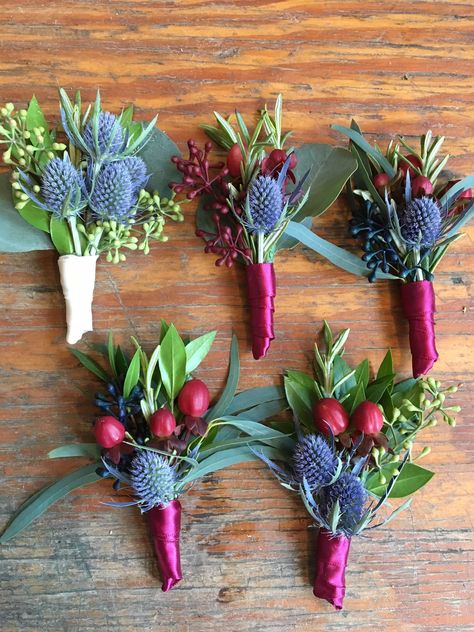 Hypericum Berry Boutonniere, Jewel Tone Flower Crown Wedding, Hypericum Berries Bouquet, Jewel Tone Boutonniere, Blue Thistle Boutonniere, Blue Thistle Wedding, Scottish Bride, Thistle Wedding Flowers, Thistle Boutonniere