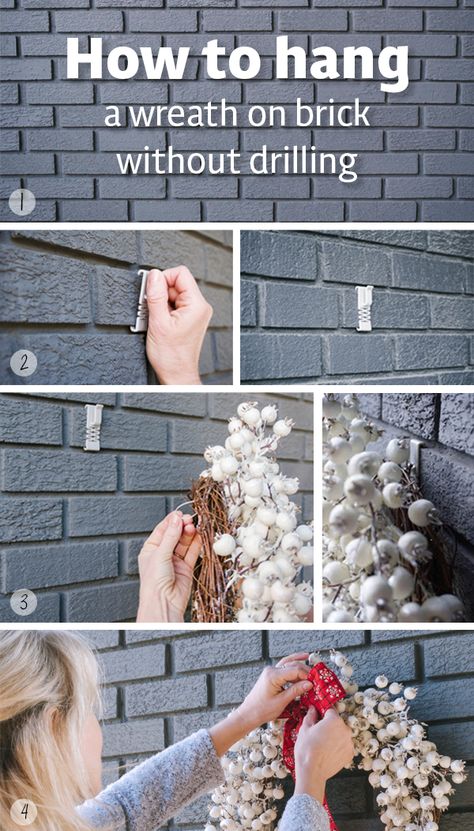 See how to hang a wreath on brick walls without drilling any holes or creating any damage, using DécoBrick!  #brick #walldecor #homedesign #homedecor #outdoordecorating Decorating Brick Wall Outdoor, Hanger For Brick, Hang Things On Brick Walls, Hanging Art On Brick Wall, Hang Pictures On Brick Wall, How To Hang Decor On Brick Wall, Brick Wall Hangers, Outdoor Wall Decor On Brick, Decks On Brick Houses