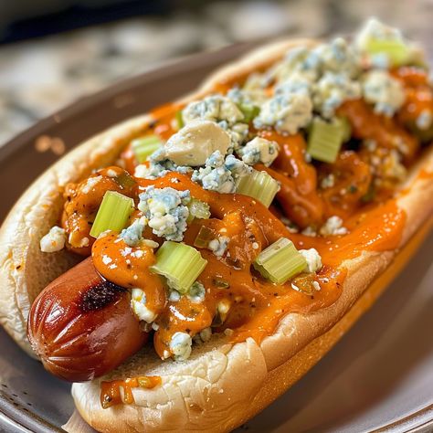 🔥 Feel the kick with our Buffalo Blue Cheese Hot Dog! 🌭🧀 #SpicyCheesy 🍽️ Buffalo Blue Cheese Hot Dog 🛒 Ingredients: Hot dogs: 4 Buffalo sauce: 4 tbsp Blue cheese: 1/4 cup, crumbled Celery: 1/4 cup, diced Hot dog buns: 4 👩‍🍳 Instructions: Grill: Cook hot dogs until crisp. Dress: Top with buffalo sauce, blue cheese, and celery. Serve: Bite into the bold flavors! 🌶️ Add some zing to your BBQ with Buffalo Blue Cheese Hot Dogs! #BuffaloBlast #CheesyDelight Buffalo Hot Dogs, Celery Sticks, Cheese Dog, Grilled Sausage, Twisted Recipes, Blue Cheese Dressing, Buffalo Sauce, Trending Recipes, 7 Minutes