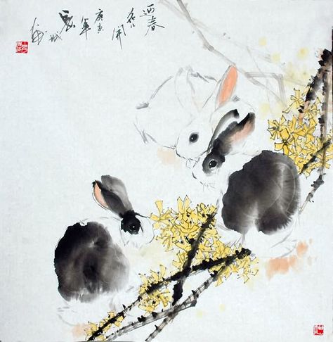 Rabbit,69cm x 69cm(27〃 x 27〃),4619001-z Watercolor Rabbits, Rabbits Art, Wash Painting, Sumi E Painting, Ink Wash Painting, Japan Painting, Art Chinois, Chinese Art Painting, Rabbit Painting