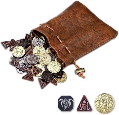 Byhoo 60PCS DND Coins with Leather Pouch, Gold, Silver and Copper Coins in Metal Coins, Fantasy Coins for Board Games, Fake Coins for Games Tokens, Role-Playing Coins of Dungeons and Dragons Dnd Coins, Fantasy Coins, Rpg Board Games, Pirate Coins, Dragon Birthday, Gaming Token, Dragon Images, Gold Money, Copper Coins