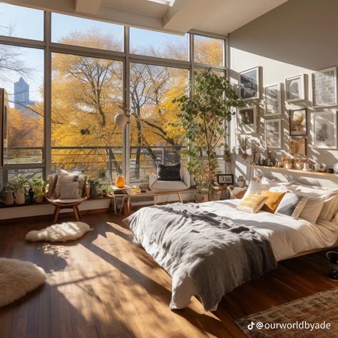 Room With Floor To Ceiling Windows, Loft Big Windows, Aesthetic Loft Bedroom Cozy, Floor To Ceiling Windows Apartment Decor, Bedroom With Floor To Ceiling Windows, Floor To Ceiling Window Apartment, Bedroom With Huge Windows, Big Windows Bedroom, Long Windows Bedroom