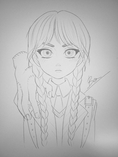 Wensday Adams Drawing Easy, Wensday Drawing Sketch, Wednesday Cute Drawing, Wednesday Addams Sketch Easy, Wensday Drawing Easy, Easy Wednesday Drawing, Wednesday Addams Cartoon Drawing, Wensday Addams Art, Wednesday Drawing Ideas