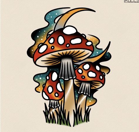 American Traditional Magic Tattoo, Neo Traditional Mushroom Tattoo, American Traditional Mushroom Tattoo, Mushroom Sleeve Tattoo, Traditional Mushroom Tattoo, Mushroom Tattoo, Traditional Tattoo Inspiration, Flash Ideas, Paint Inspo