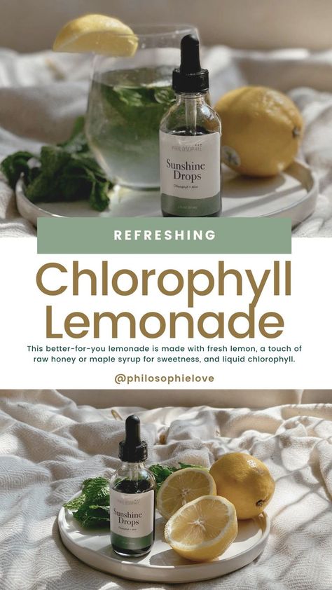 It’s summer and that means it’s lemonade season! This better-for-you lemonade is made with fresh lemon, a touch of raw honey or maple syrup for sweetness, and liquid chlorophyll. Chlorophyll cleanses your system, boosts your energy, and hydrates and by adding fresh lemon juice with some mint you’re making a drink that tastes great and totally hydrates and boosts your body. Liquid Clorophil Benefits, Liquid Chlorophyll Before And After, Chlorophyll Drink Recipes, Chlorophyll Lemonade, Liquid Chlorophyll Benefits, Chlorophyll Drink, Lemon Juice Cleanse, Chlorophyll Benefits, Sunshine Drops