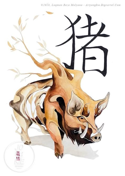 The Pig. Year of the Pig Chinese New Year Zodiac Drawings. By jongkie Pig Chinese Zodiac, Pig Zodiac, Chinese New Year Zodiac, Pig Tattoo, 달력 디자인, Chinese Artwork, Art Chinois, Pig Art, Chinese Astrology