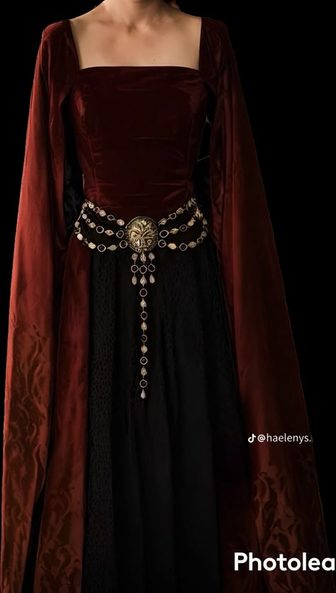 Game Of Thrones Clothing Aesthetic, Medieval Red Aesthetic, Black And Red Medieval Dress, Targaryen Style Dress, House Arryn Dress, Medevil Outfits Women, Targaryen Dress Aesthetic, Game Of Thrones Outfit Inspiration, Medieval Inspired Outfits