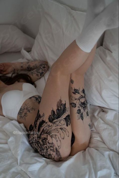 Leg Tattoos Women Cover Up, Behind The Leg Tattoos For Women, Full Body Tattoos For Women, Back Leg Tattoos Women, Women Body Tattoo, Cool Thigh Tattoos, Back Of Thigh Tattoo, Mujeres Tattoo, Hip Thigh Tattoos