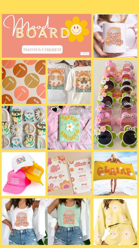 The image features 'Dazed' and 'Engaged' t-shirts, coffee cups, and tank tops. Retro drink stirrers and trendy trucker hats add a playful touch. Invitations set the stage for the celebration, while flower sunglasses add a fun and stylish element. A personalized beach towell and a scrapbook offers a keepsake for cherished memories. Immerse yourself in the joyful spirit of the Dazed & Engaged theme with this delightful assortment of party essentials! Hens Night Theme, Dazed And Engaged Bachelorette, Bridal Shower Bachelorette Party Ideas, Ultimate Bachelorette Party, Bachelorette Inspo, Retro Flower Pattern, Bachelorette Party Planning, Bachelorette Themes, Bridal Bachelorette Party