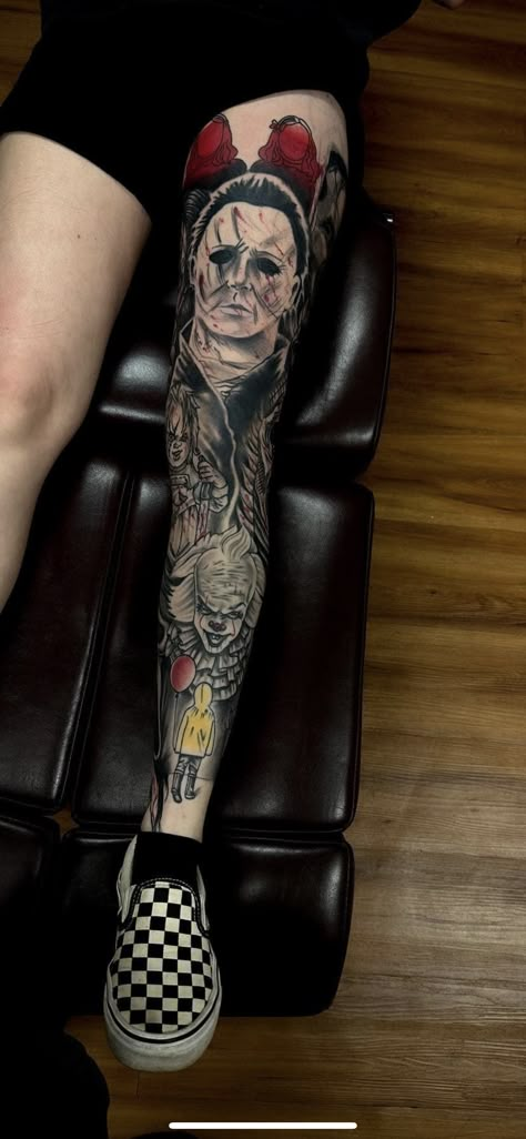 Horror Tattoo Sleeve, Halloween Tattoos Sleeve, Black Men Tattoos, Full Leg Tattoos, Wicked Tattoos, Scary Tattoos, Black Girls With Tattoos, Theme Tattoo, Pretty Tattoos For Women