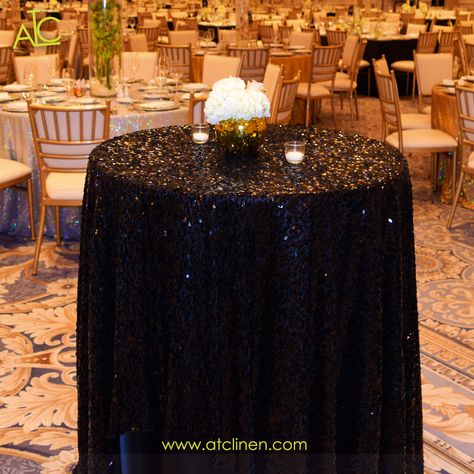 Wedding Cocktail Tables, Table Swag, Black Wedding Decorations, Gold Glitter Wedding, Black Tablecloth, Sequin Table, Table Overlays, Tall Table, Round Table Covers