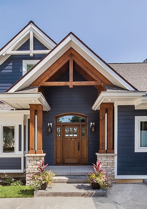 New Point of View - Michigan Blue Magazine Blue Craftsman Exterior, Blue House White Trim, Blue Siding House, Navy House Exterior, Blue Exterior House Colors, Dark Blue House Exterior, Dark Blue Houses, Blue Magazine, Outside House Colors