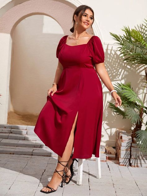 EMERY ROSE Plus Solid Zip Back Split Puff Sleeve Dress | SHEIN USA Plus Size Graduation Outfit College, Birthday Dress Plus Size, Graduation Outfit Ideas Plus Size, Modest Graduation Dress, Simple Long Black Dress, Classy Plus Size Outfits, Gown Dress Party Wear, New Dress Pattern, Classy Short Dresses