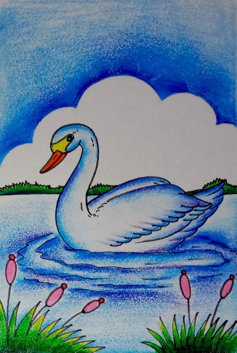 Drawing For 5th Class Student, Scenary Drawings For Kids, Drawing Ideas Easy With Color, Duck Drawing For Kids, Super Easy Drawings, Drawing Pictures For Kids, Swan Drawing, Scenery Drawing For Kids, Easy Scenery Drawing