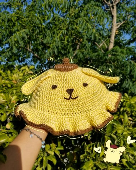 My Melody Bucket Hat Crochet, Pompompurin Hat Crochet, Sanrio Crochet Hat, Pompompurin Hat, Sanrio Crochet Free Pattern, Crochet Pompompurin, Sanrio Beanie, Sanrio Hat, Sanrio Crochet