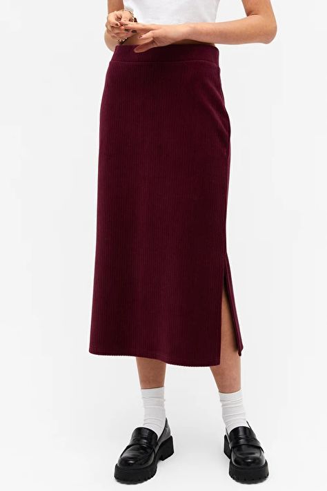 Ribbed velour midi skirt - Dark red - Midi skirts - Monki GB Pattern Clashing, Red Midi Skirt, Green Midi Skirt, Red Midi, Love Pattern, Velour Fabric, Comfortable Style, Midi Skirts, Co Ords