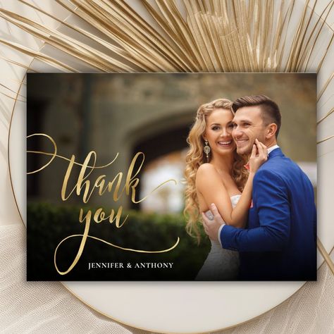 Elegant Gold Calligraphy Script 2 Photo Wedding Thank You Card Wedding Thank You Picture Ideas, Thank You Pictures, Wedding Thanks, Gold Calligraphy, Photo Thank You Cards, Personalized Thank You Cards, Custom Thank You Cards, Indian Wedding Photos, Thanks Card