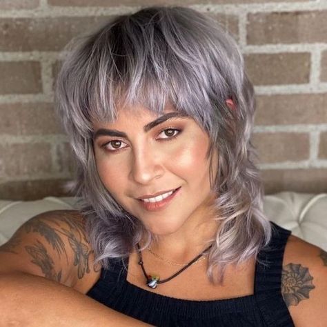 Mullet Shag Hairstyle Women, Short Gray Hairstyles, Mullet Short, Shag Layered Hairstyles, Gray Pixie, Haircut Gray Hair, Root Shadow, Pixie Mullet, Gray Hairstyles