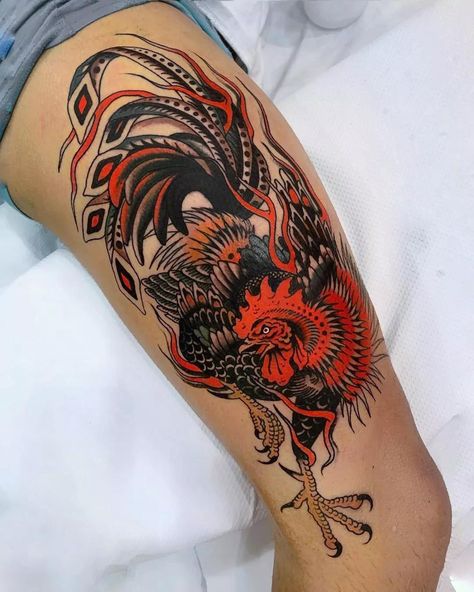 Old school tattoo Thigh Tattoo Men, Chicken Tattoo, Rooster Tattoo, Traditional Tattoo Inspiration, Traditional Tattoo Sleeve, Quality Tattoo, Thigh Tattoos, Leg Sleeve Tattoo, Bad Tattoos