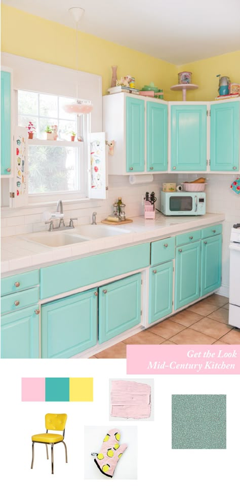 Bright Retro Kitchen, Vintage Teal Kitchen, Teal Pink Yellow Kitchen, Aqua And Yellow Kitchen, Color Theme For Kitchen, Kitchen Theme Colors, Retro Kitchen Renovation, Pink And Aqua Kitchen, Retro Pastel Kitchen