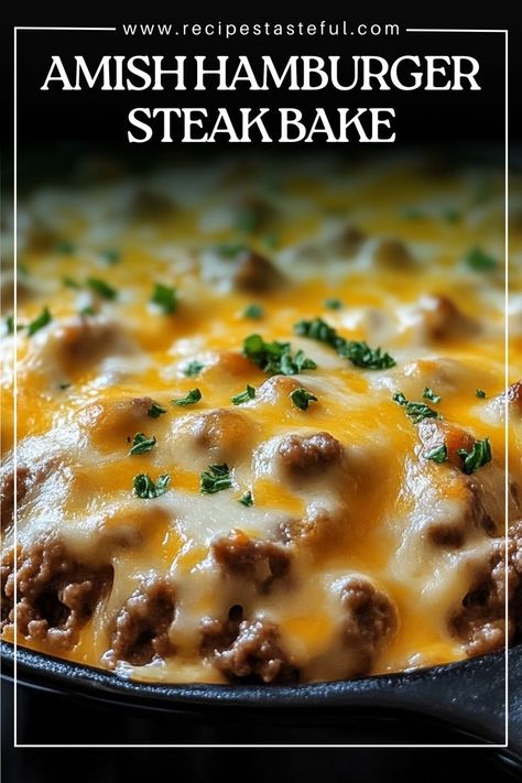 A comforting and hearty casserole featuring seasoned ground beef patties layered with sliced potatoes, onions, and a creamy gravy, topped with melted cheddar cheese. Perfect for family dinners! Steak Bake, Baked Hamburgers, Easy Ground Beef Casseroles, Ground Beef Patties, Beef Patties Recipes, Hamburger And Potatoes, Steak Casserole, Potatoes And Cheese, Baked Steak