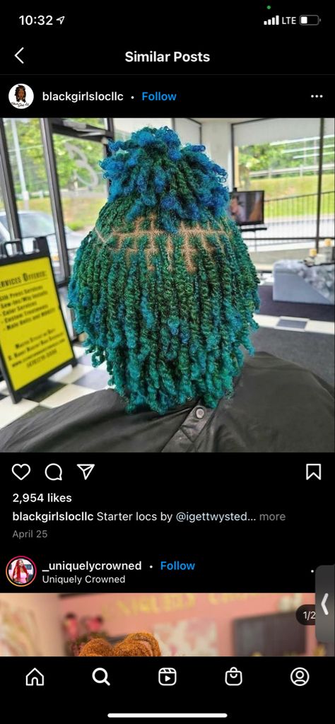 Dyed Starter Locs Black Women, Green Faux Locs, Green Butterfly Locs, Blue And Green Locs, Turquoise Locs, Green Locs Black Women, Teal Locs, Dark Green Locs, Green Locs