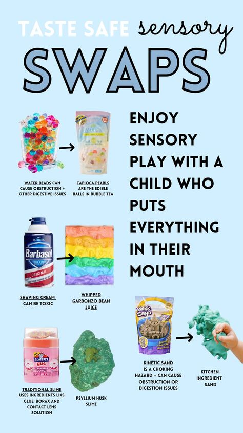 taste safe sensory swaps; enjoy sensory play with a child who puts everything in their mouth.  tapioca pearls instead of water beads, aqaufaba instead of shaving cream, psyllium husk slime instead of glue based, homemade kinetic sand instead of store bought. Taste Safe Sensory, Edible Sensory Play, Sensory Play Recipes, Kids Sensory Activities, Sensory Bin Play, Toddler Sensory Bins, Homeschool Preschool Activities, Baby Sensory Play, Sensory Crafts