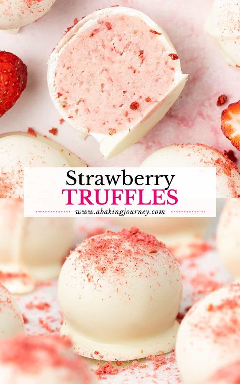 These delicious White Chocolate Strawberry Truffles are super easy to make with 3 ingredients only - perfect for a special occasion like Valentine's Day or edible gift for the Holidays! Strawberry Filling For Chocolates, Strawberry Filled Chocolates, Valentine Oreo Truffles, White Truffle Cake, Valentines Sweets Recipes, Oreo Truffles Valentines Day, Easy Bonbon Recipe, Valentine’s Party Food, Valentine's Candy Ideas