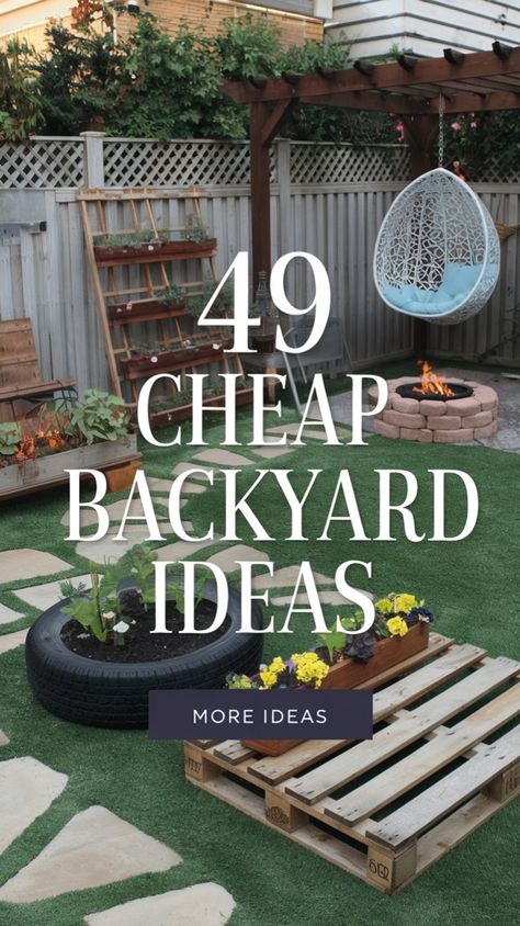 Transform your backyard with these 49 budget-friendly ideas! From creative tire planters and pallet gardens to cozy fire pits and hanging chairs, these DIY projects will add charm and functionality to your outdoor space. Perfect for cost-effective makeovers! 🌟 #DIYBackyardDecor #GardenInspo #AffordableOutdoorIdeas Garden Ideas Cheap Budget, How To Make A Backyard Oasis, Diy Yard Improvements, Rental Friendly Yard Ideas, Small Backyard Patio Designs Budget Diy Projects, Cheap Easy Backyard Ideas, Backyard Renter Friendly Ideas, Fire Pit Area Ideas Backyard On A Budget, New Build Backyard Ideas