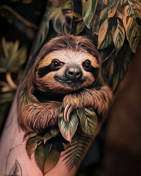 🦥 With a sloth tattoo, I could stay with and on you forever. 😊 ❤️‍🔥 🤗 #sloth #slothlife #aiart #love #stellatheaisloth #tattoo #slothtattoo #aitattoo #uniqueart #symbolicbodyart #inked Animal Tattoos Realistic, Realistic Sloth Tattoo, Sleeve Tattoos Animals, Animal Kingdom Tattoo, Realistic Animal Tattoos, Costa Rica Tattoo Ideas, Jungle Sleeve, Sloth Tattoos, Animal Print Tattoo