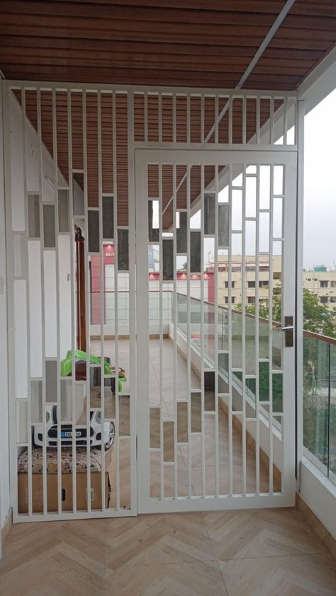 2 In 1 Gate Design, Iron Grills For Balcony, Terrace Gate Design, Grills For Windows Design, Balcony Glass Grill Design, Kitchen With Balcony Door, Iron Grill Design Balconies, Balcony Door Design Modern, Sitout Grill Design