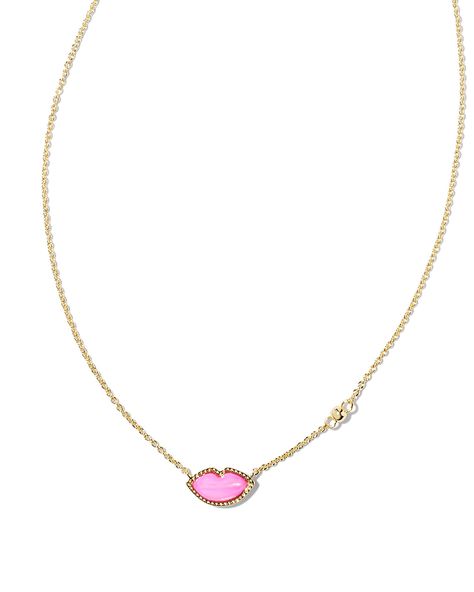 Lips Gold Pendant Necklace in Hot Pink Mother-of-Pearl | Kendra Scott | Kendra Scott Our Lips Are Sealed, Gold Heart Stud Earrings, Short Pendant Necklace, Hot Pink Lips, Gold Heart Studs, Crystal Choker Necklace, Dainty Chain, Green Jewelry, Crystal Choker